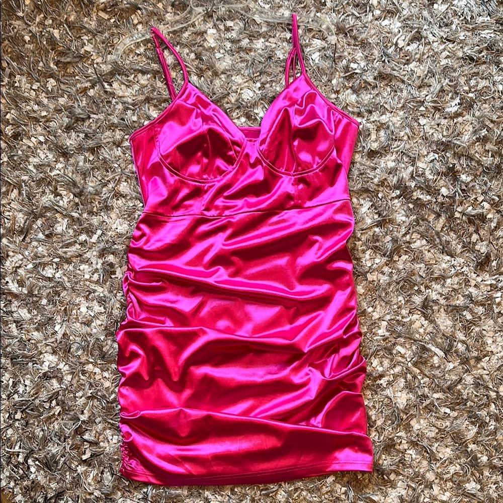 Satin Pink Ruched Mini Dress